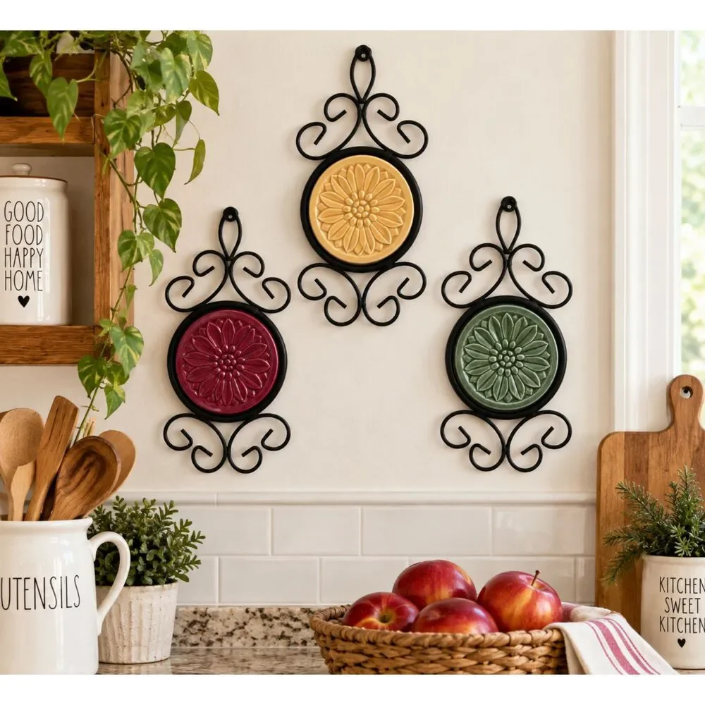 Home Interiors Floral Ceramic & Metal Wall Plaques Set Of 3